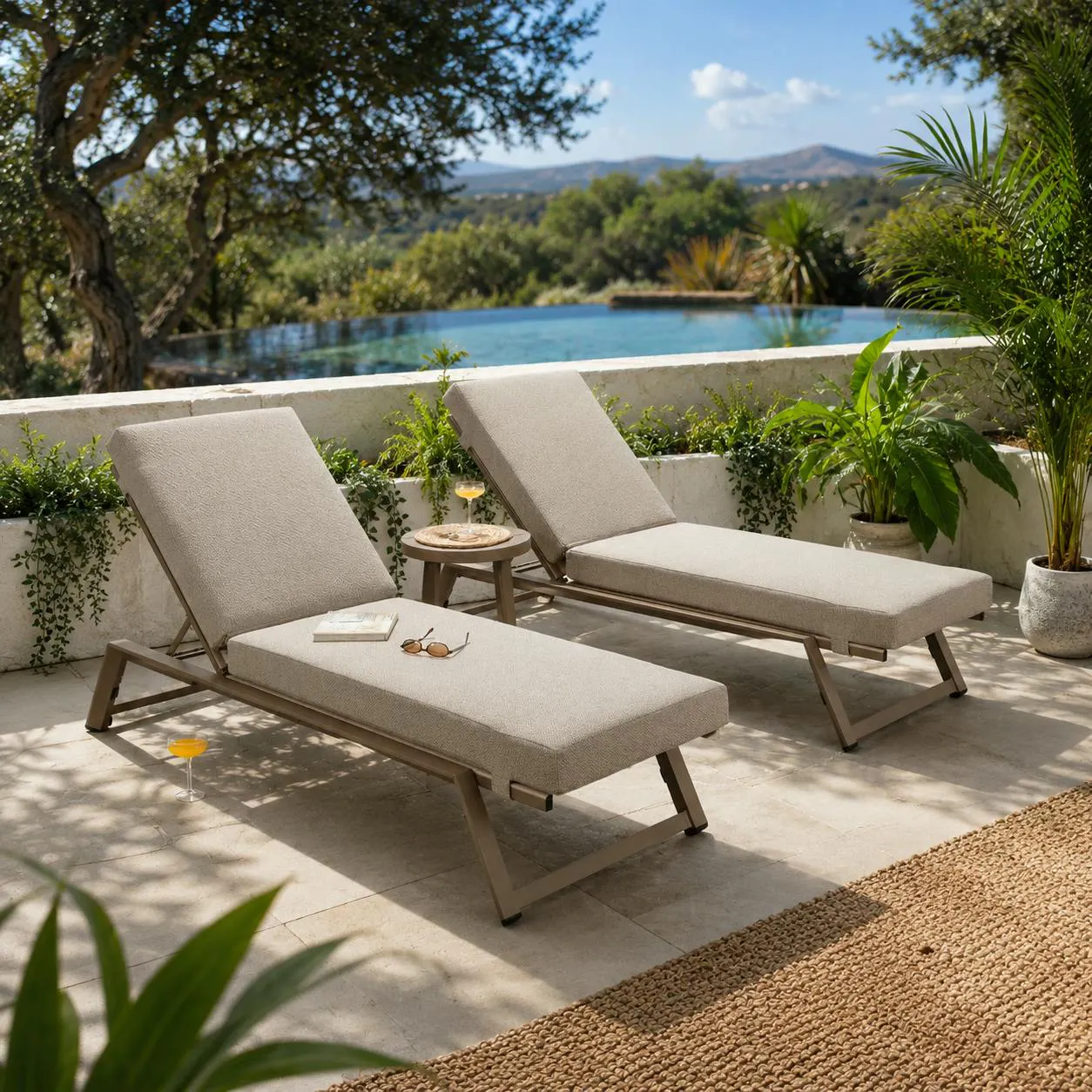 2 X QUATROPI CAYMAN OUTDOOR GARDEN CUSHIONED SUN LOUNGERS 196X70CM
