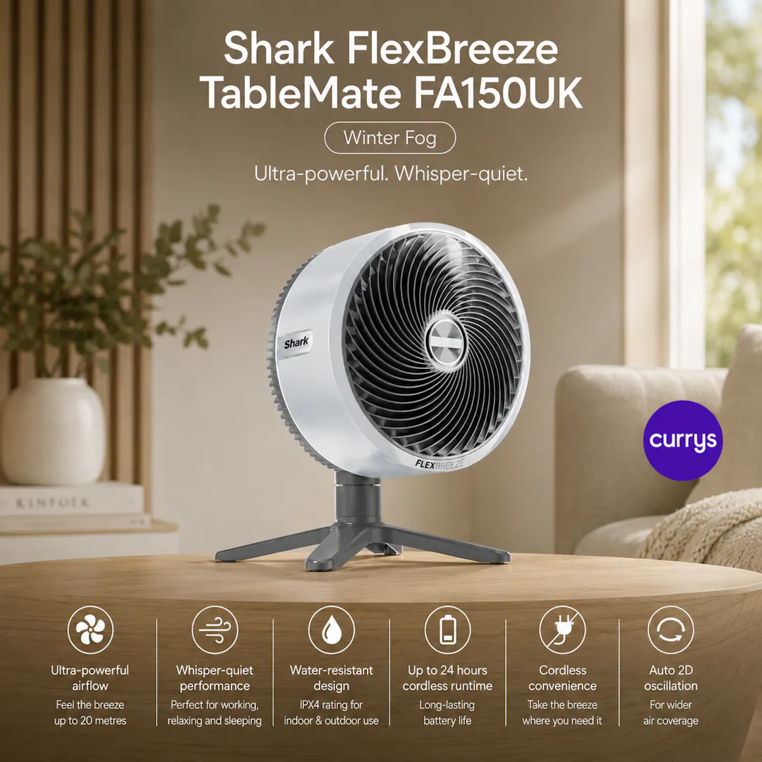 SHARK FLEXBREEZE TABLEMATE FA150UK PORTABLE 11.8" DESK FAN - WINTER FOG