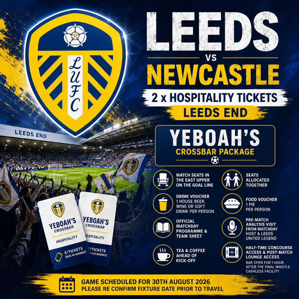 2 X LEEDS UNITED VS NEWCASTLE YEBOAH'S CROSSBAR HOSPITALITY TICKETS