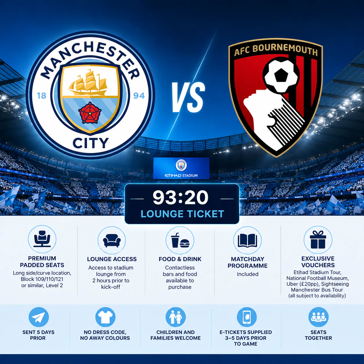 2 X MANCHESTER CITY VS BOURNEMOUTH 93:20 LOUNGE HOSPITALITY TICKETS