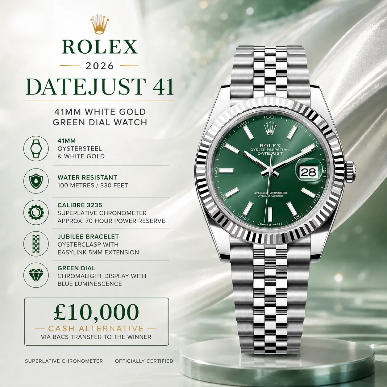 NEW 2026 ROLEX DATEJUST 41MM WHITE GOLD or £10,000