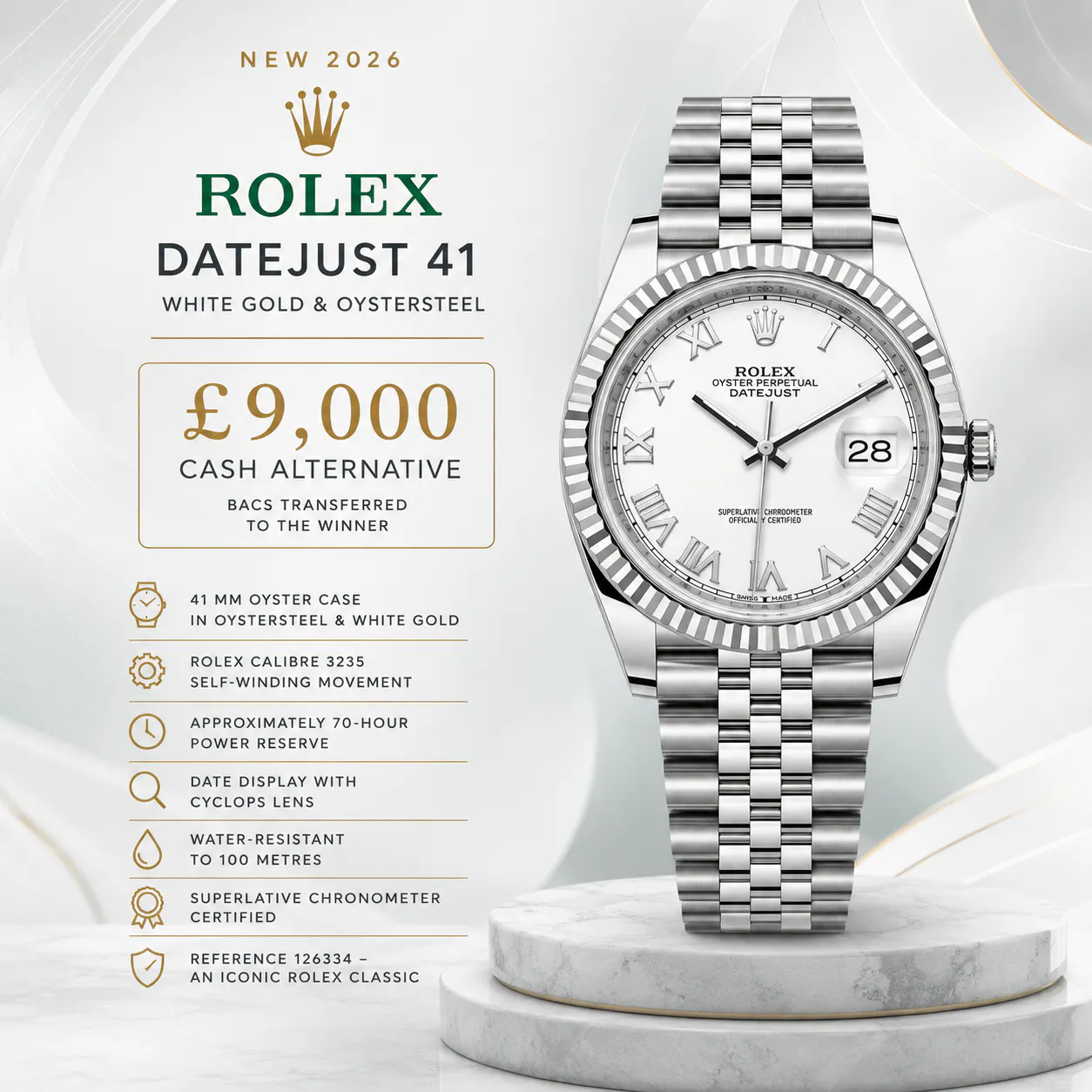 NEW 2026 ROLEX DATEJUST 41 WHITE GOLD & OYSTERSTEEL OR £9,000