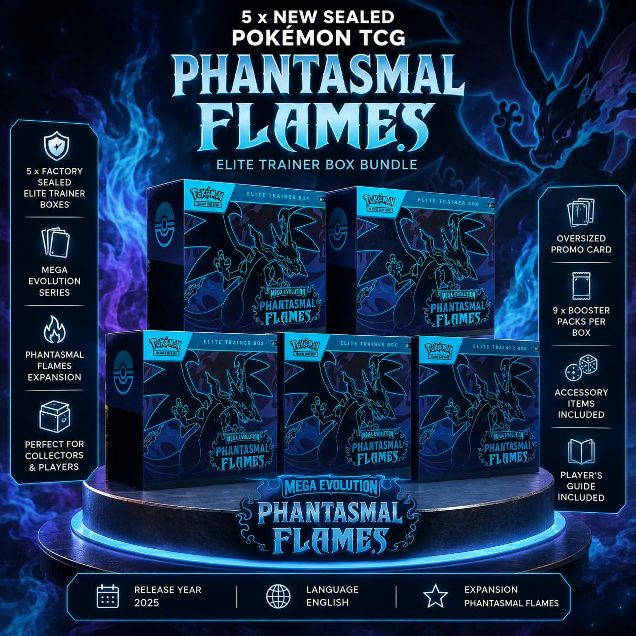 5 X BRAND NEW SEALED POKÉMON TCG PHANTASMAL FLAMES ETBS