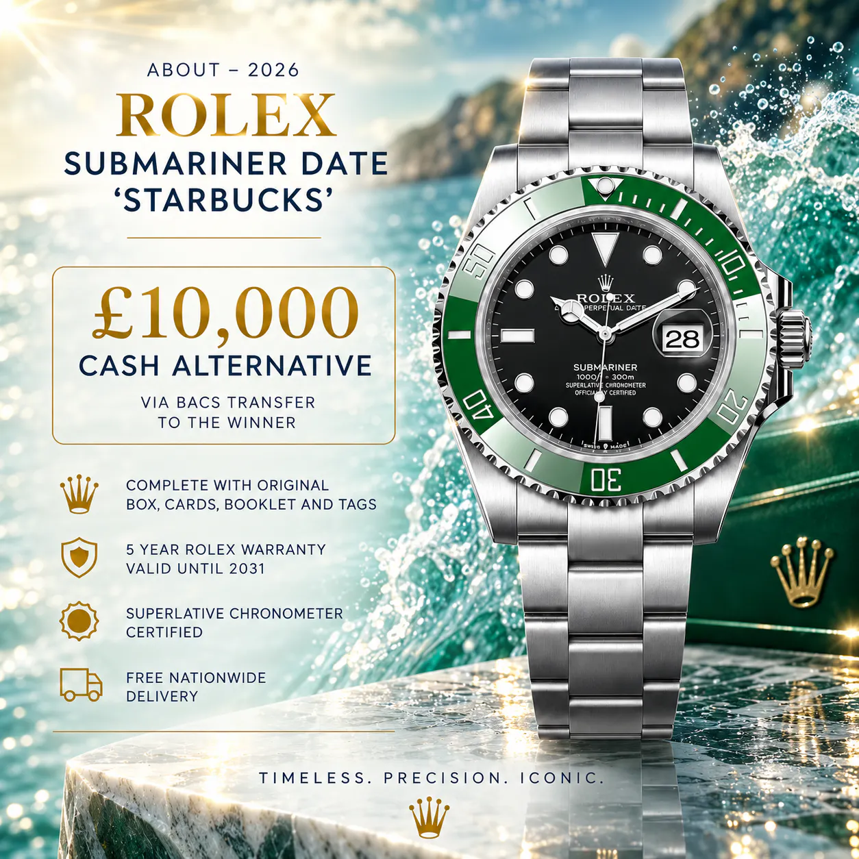 NEW 2026 ROLEX SUBMARINER DATE 41 OYSTERSTEEL "STARBUCKS" OR £10,000