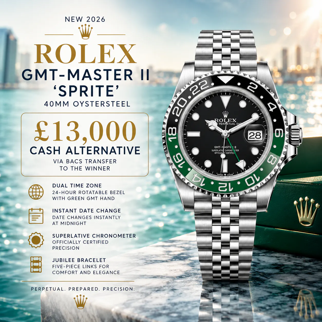 NEW 2026 ROLEX GMT-MASTER II "SPRITE" 40MM JUBILEE OR £13,000