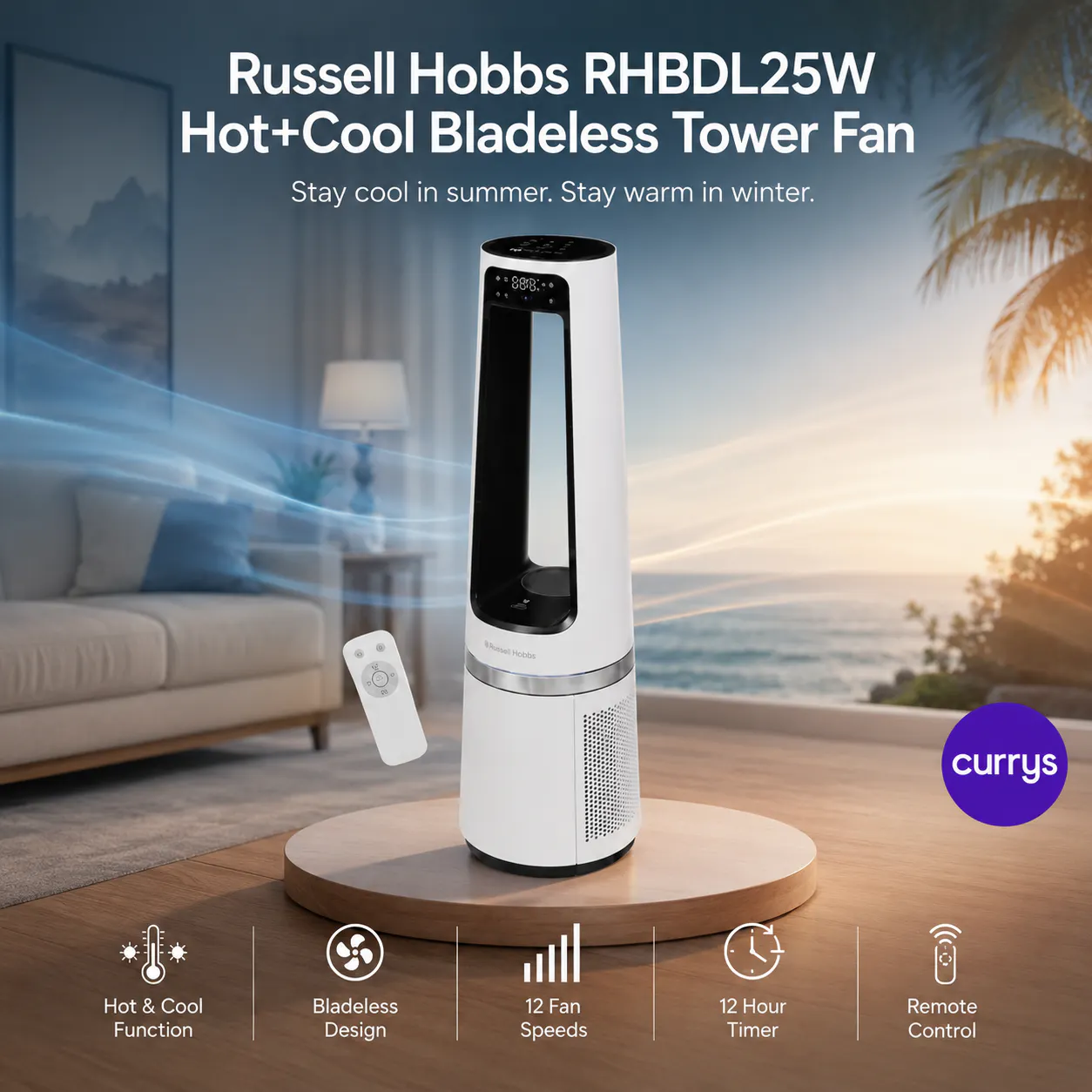 RUSSELL HOBBS RHBLDL25W HOT & COOL BLADELESS TOWER FAN - WHITE