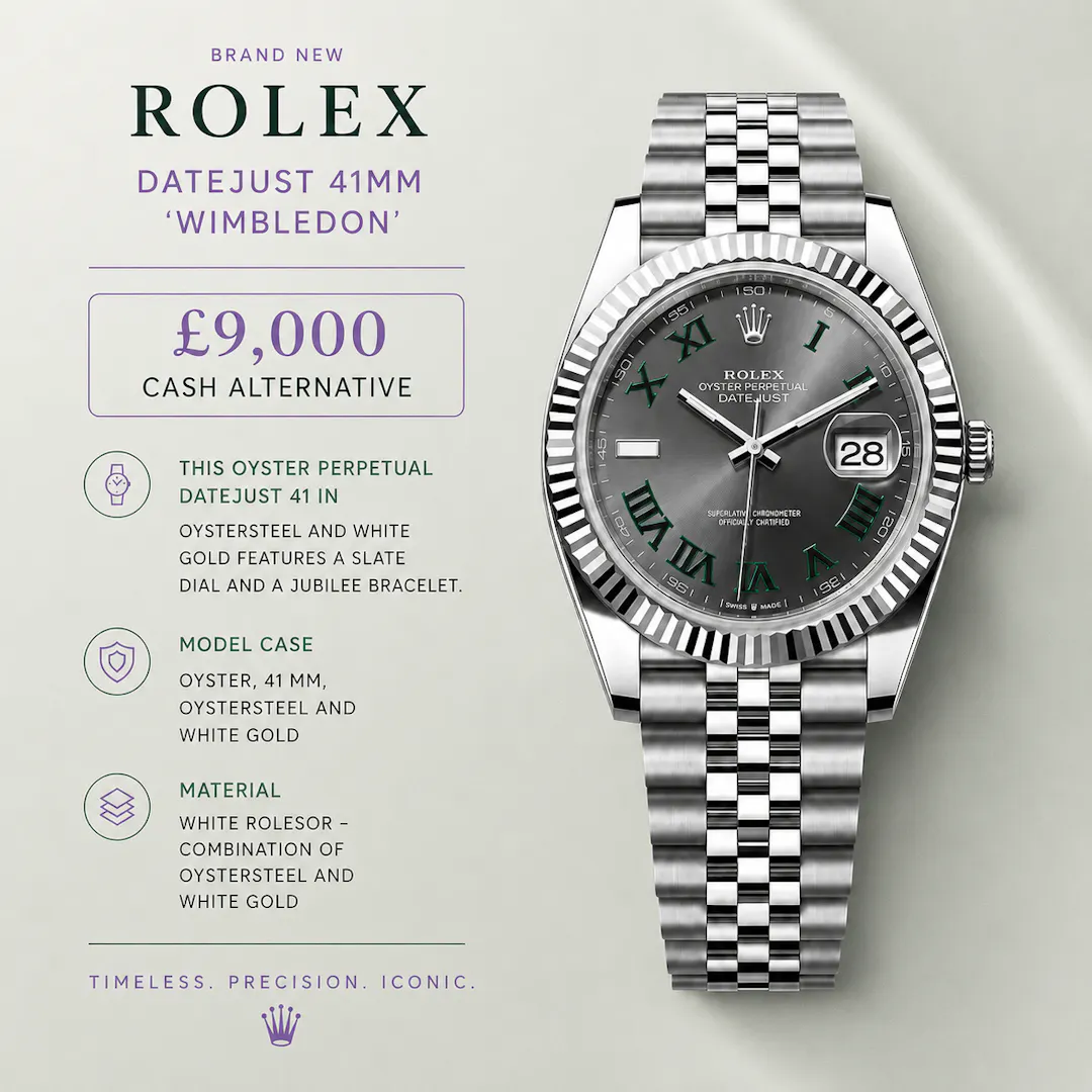 NEW 2026 ROLEX DATEJUST 41MM WHITE GOLD 'WIMBLEDON' or £9,000