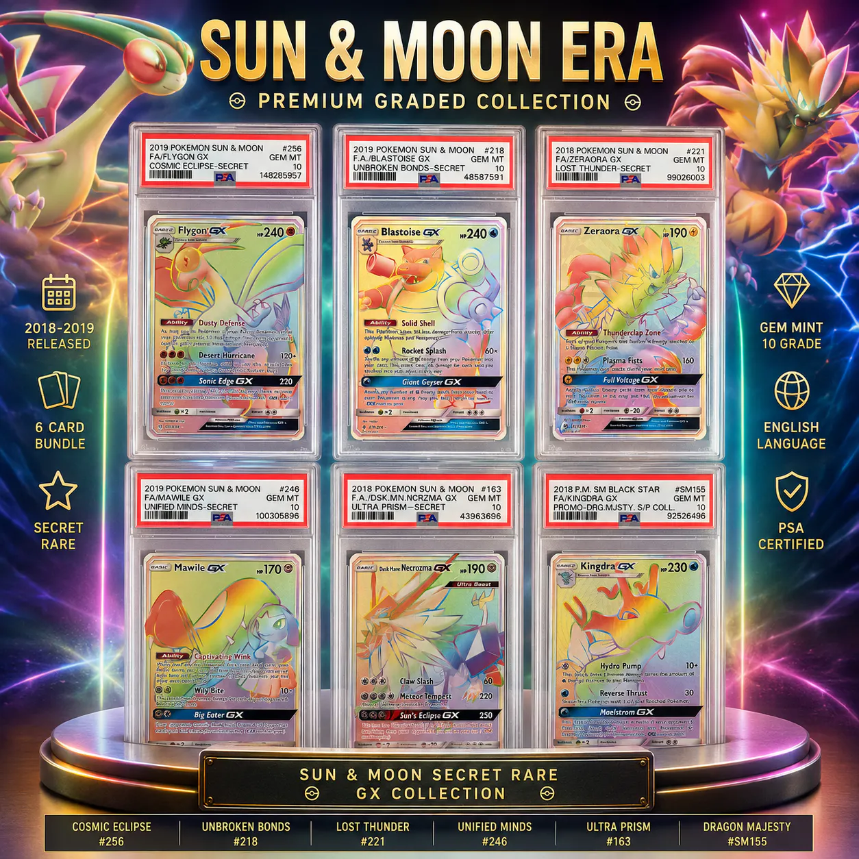 PSA 10 SUN & MOON GX SECRET RARE RAINBOW SET POKEMON