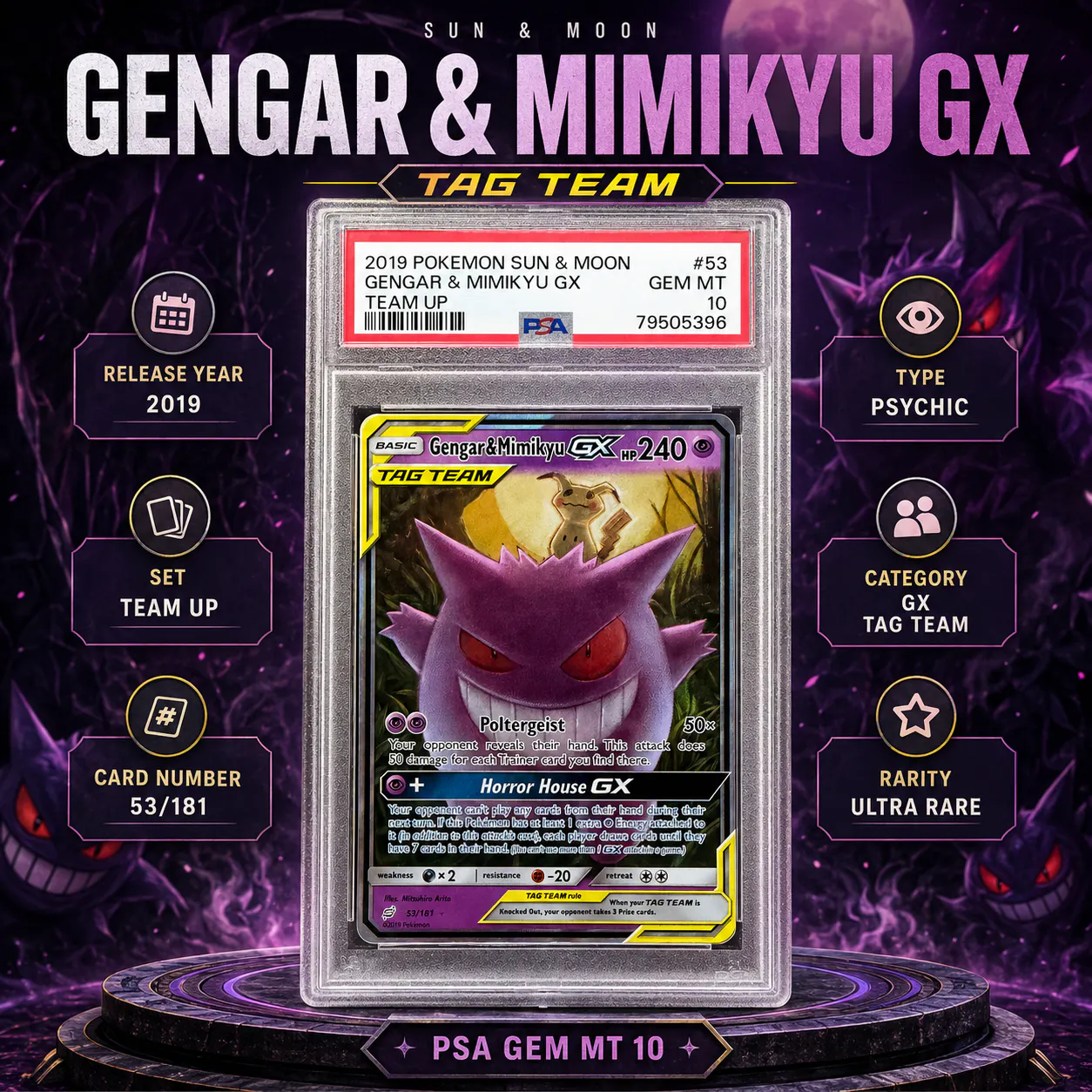 PSA 10 GENGAR & MIMIKYU GX TEAM UP TAG TEAM SHOWCASE POKEMON