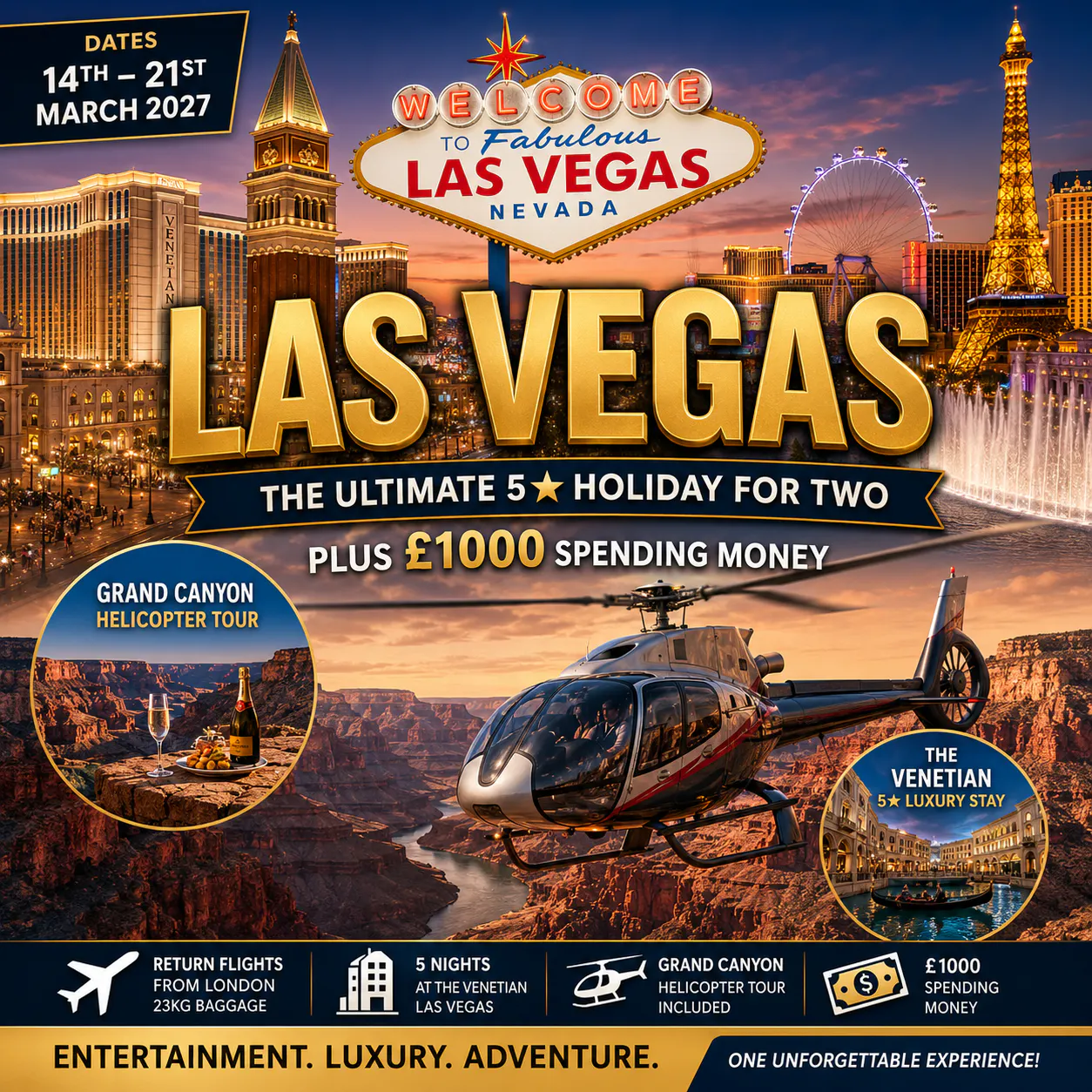 ULTIMATE LAS VEGAS HOLIDAY FOR TWO + GRAND CANYON HELICOPTER TOUR & £1000