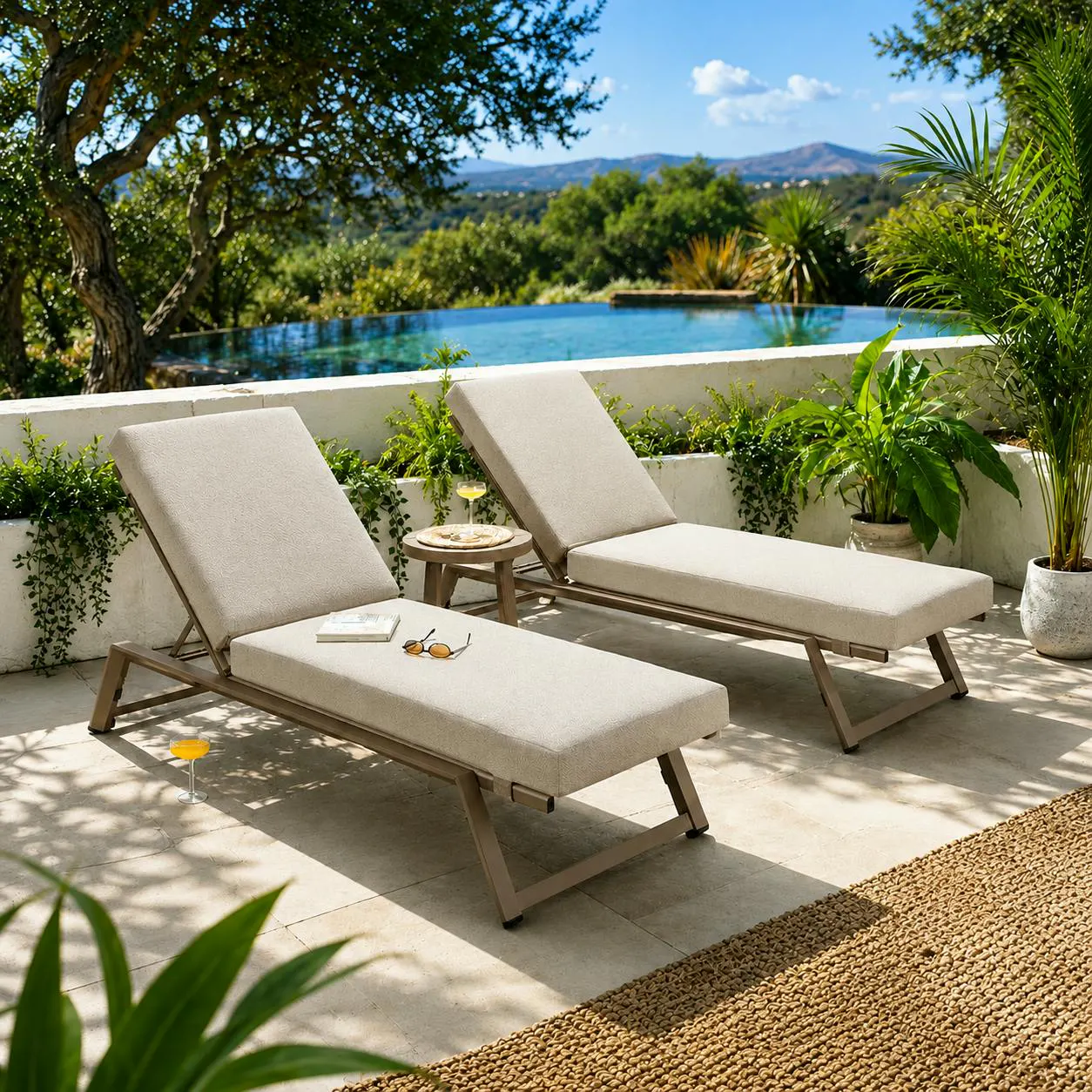 2 X QUATROPI CAYMAN OUTDOOR GARDEN CUSHIONED SUN LOUNGERS 196X70CM