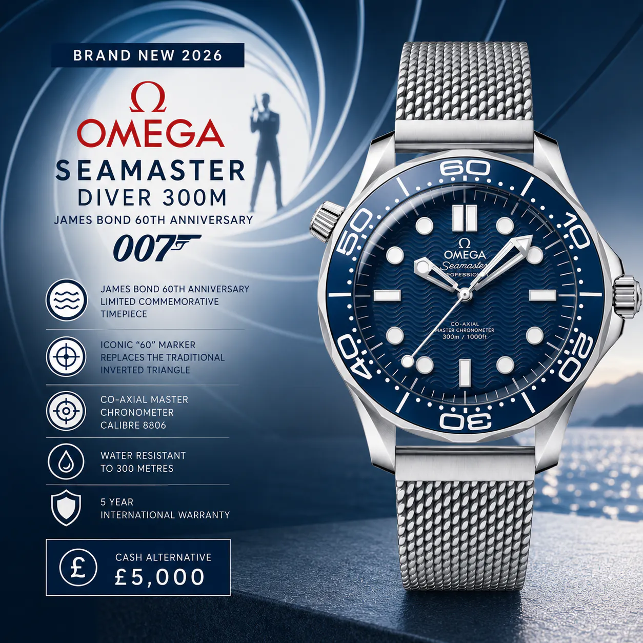 NEW 2026 OMEGA SEAMASTER DIVER JAMES BOND 60TH ANNIVERSARY BLUE DIAL