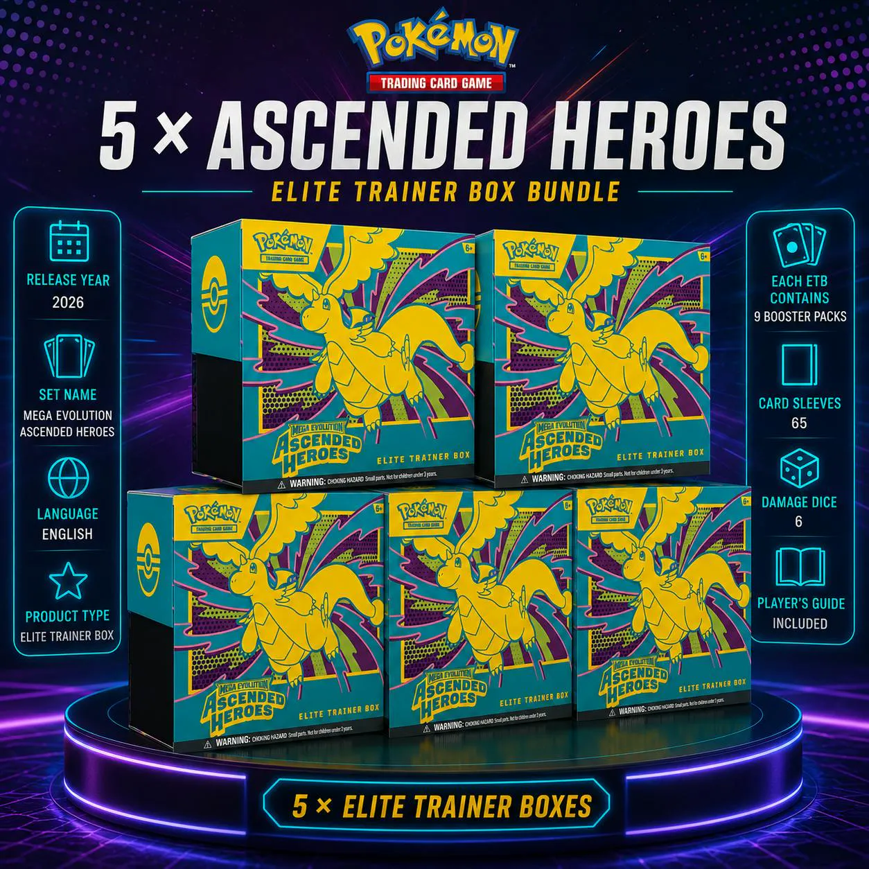 5 X POKÉMON TCG MEGA EVOLUTION ASCENDED HEROES ELITE TRAINER BOX BUNDLE