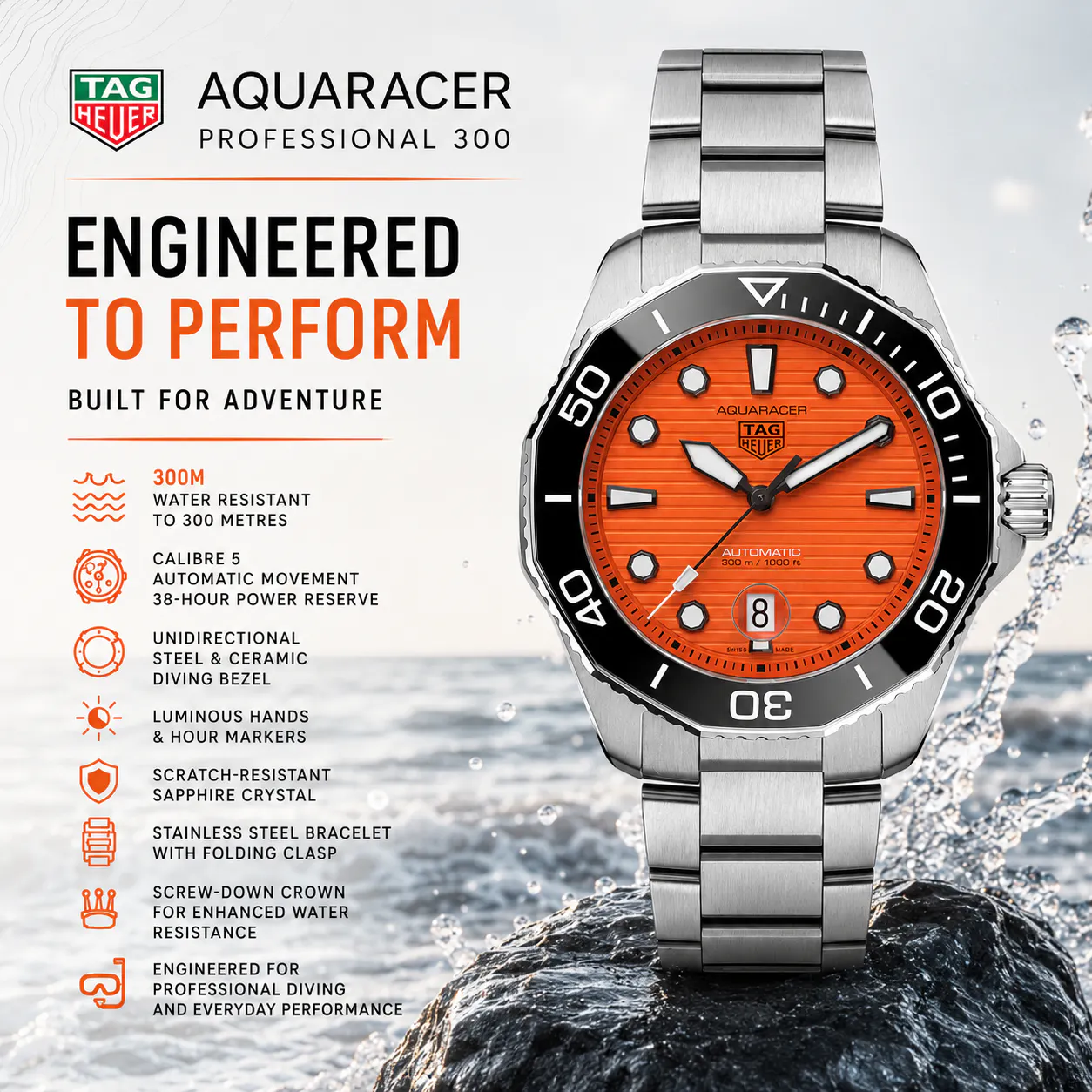TAG HEUER AQUARACER PROFESSIONAL 300 ORANGE DIAL 43MM CALIBRE 5 AUTOMATIC