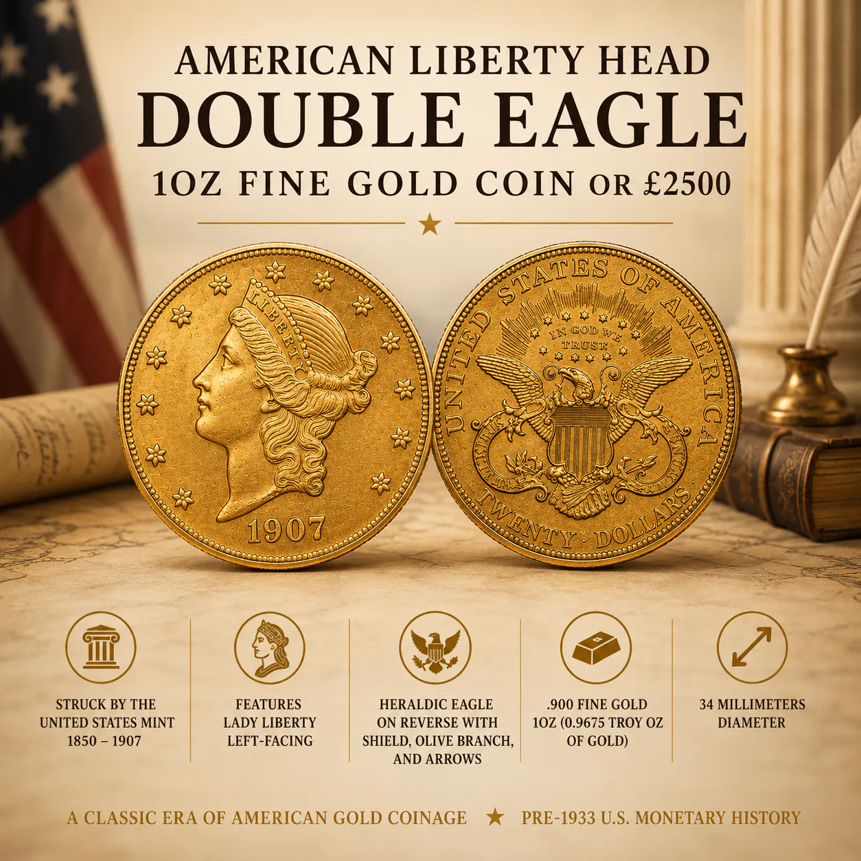 AMERICAN LIBERTY HEAD DOUBLE EAGLE 1OZ FINE GOLD COIN OR £2500