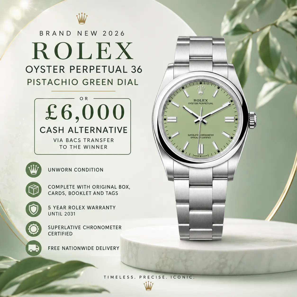 New 2026 Rolex 36MM OP PISTACHIO GREEN DIAL or £6,000