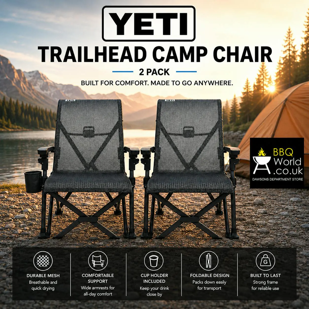 2 X CHARCOAL YETI TRAILHEAD CAMP CHAIRS + COVERS