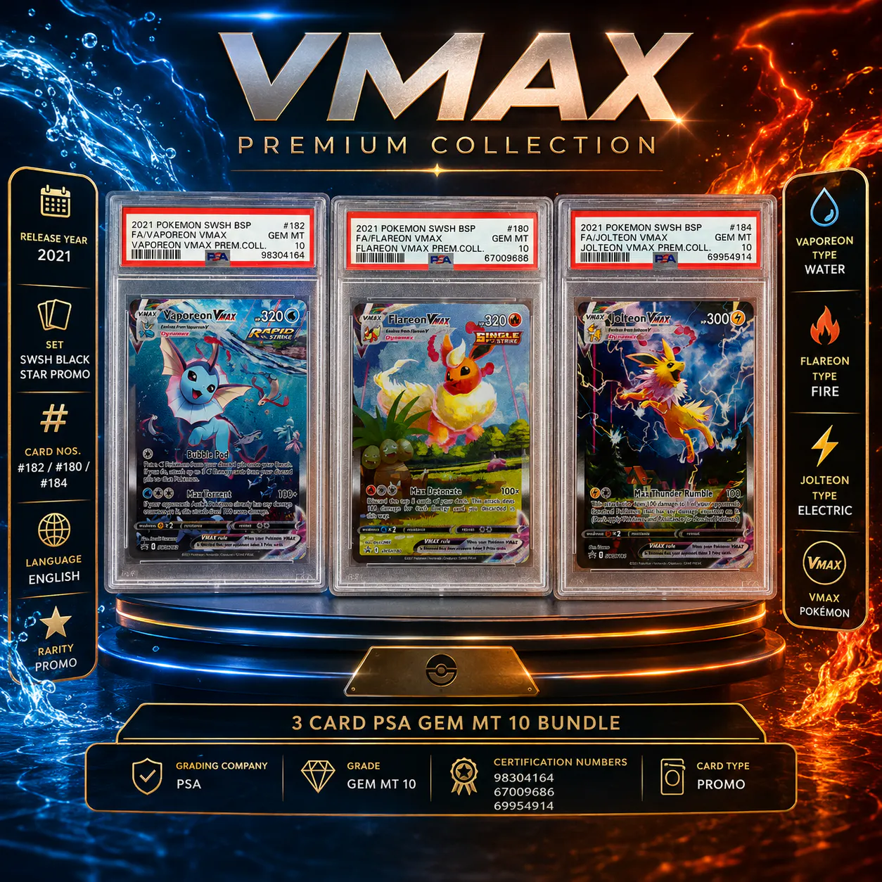 PSA 10 VAPOREON FLAREON JOLTEON VMAX PREMIUM COLLECTION TRIO