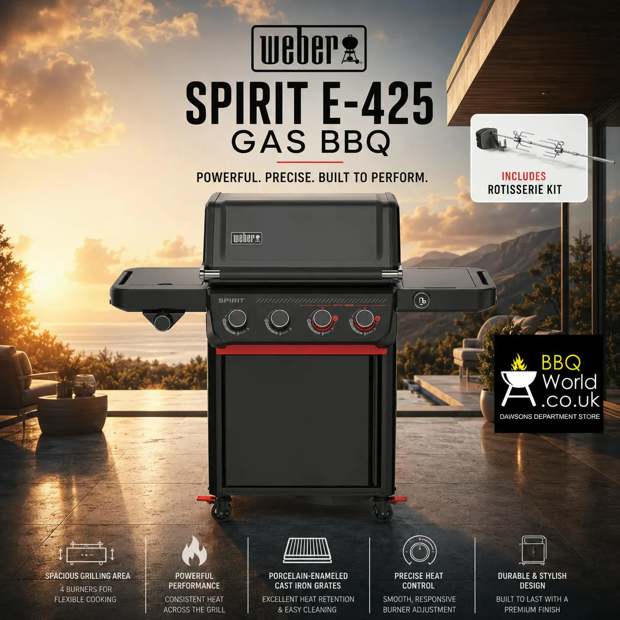 STEALTH EDITION WEBER SPIRIT E-425 GAS BBQ + ROTISSERIE KIT & COVER