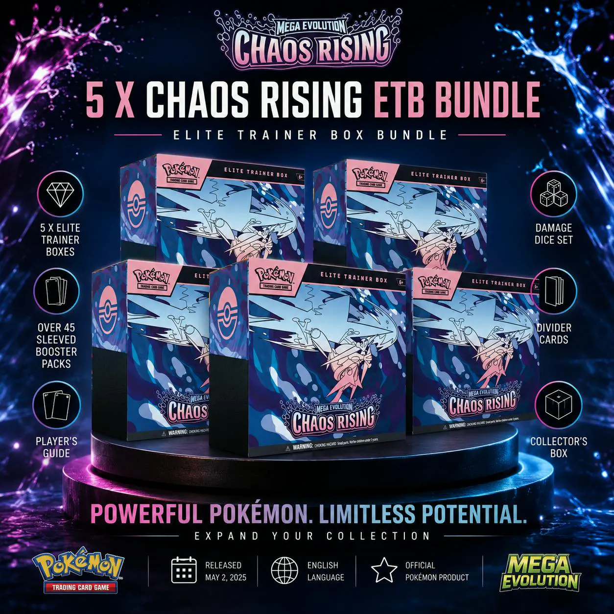 5 X NEW SEALED POKÉMON CHAOS RISING ELITE TRAINER BOXES