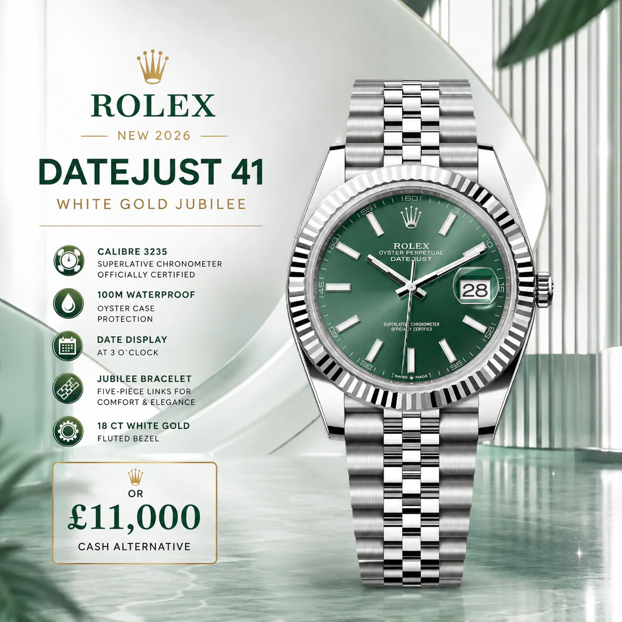 NEW 2026 ROLEX DATEJUST 41MM WHITE GOLD JUBILEE OR £11,000