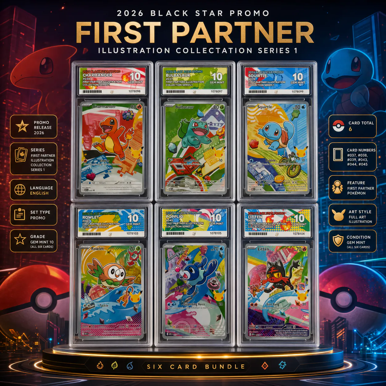 ACE GEM MINT 10 FIRST PARTNER ILLUSTRATION SERIES 1 SIX-CARD POKEMON COLLECTION