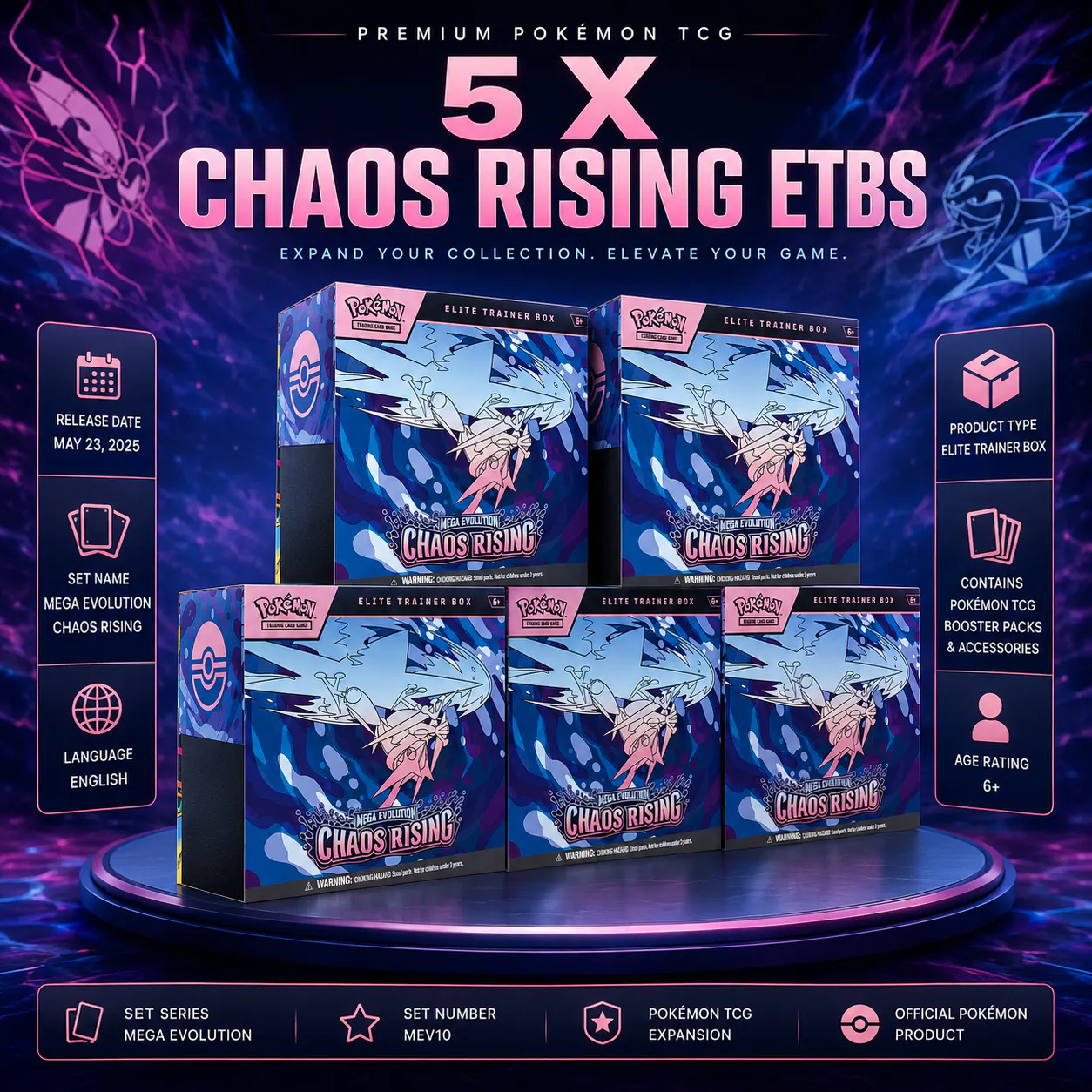 5 x BRAND NEW POKEMON CHAOS RISING ELITE TRAINER BOXES