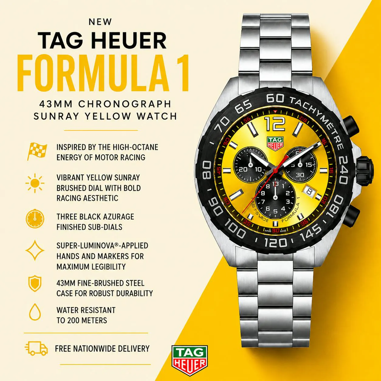 NEW TAG HEUER FORMULA 1 43MM YELLOW DIAL CHRONOGRAPH