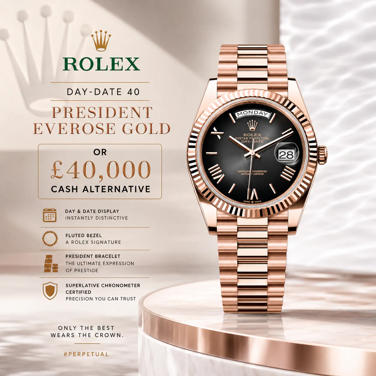 BRAND NEW 2026 ROLEX DAY-DATE 40 "PRESIDENT" EVEROSE GOLD OR £40,000