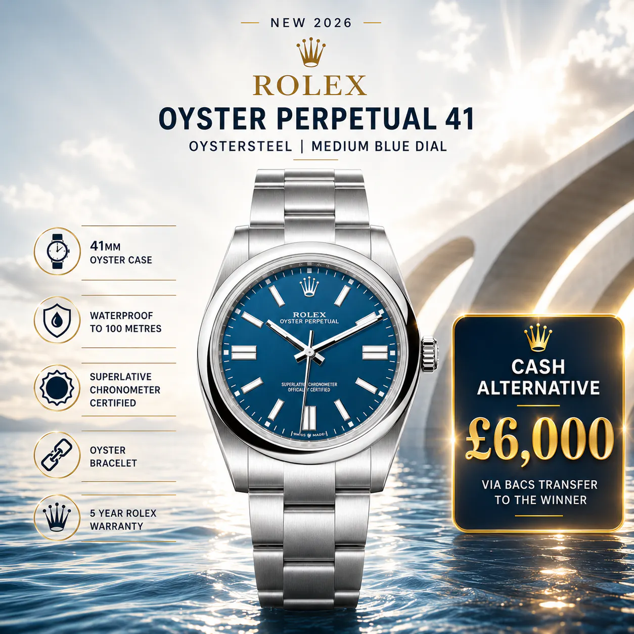NEW 2026 ROLEX OYSTER PERPETUAL 41 OYSTERSTEEL MED BLUE OR £6,000
