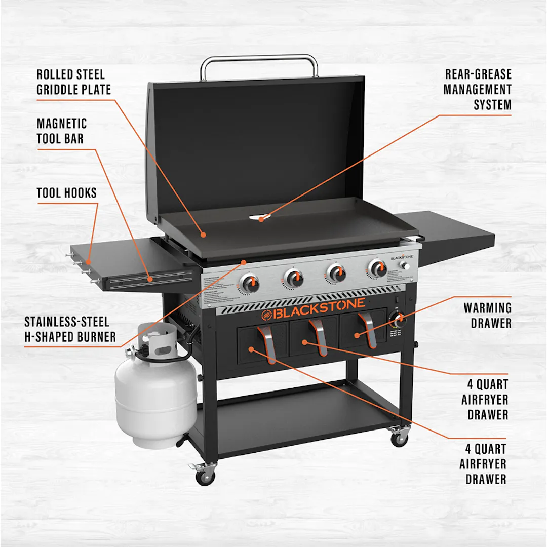 BLACKSTONE 36 INCH 4 BURNER GAS GRIDDLE BUILT IN AIR FRYERS