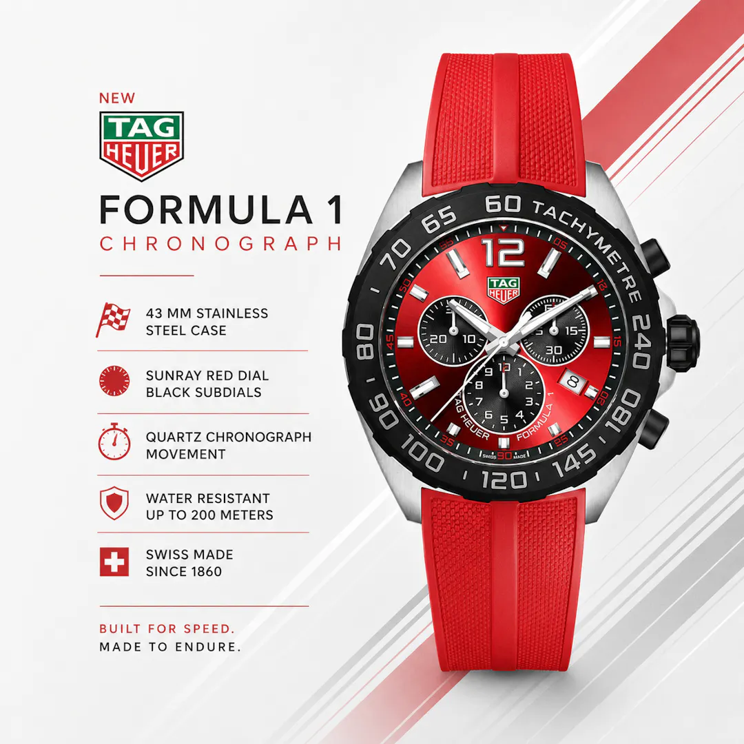 TAG HEUER Formula 1 43mm SUNRAY RED DIAL RUBBER STRAP