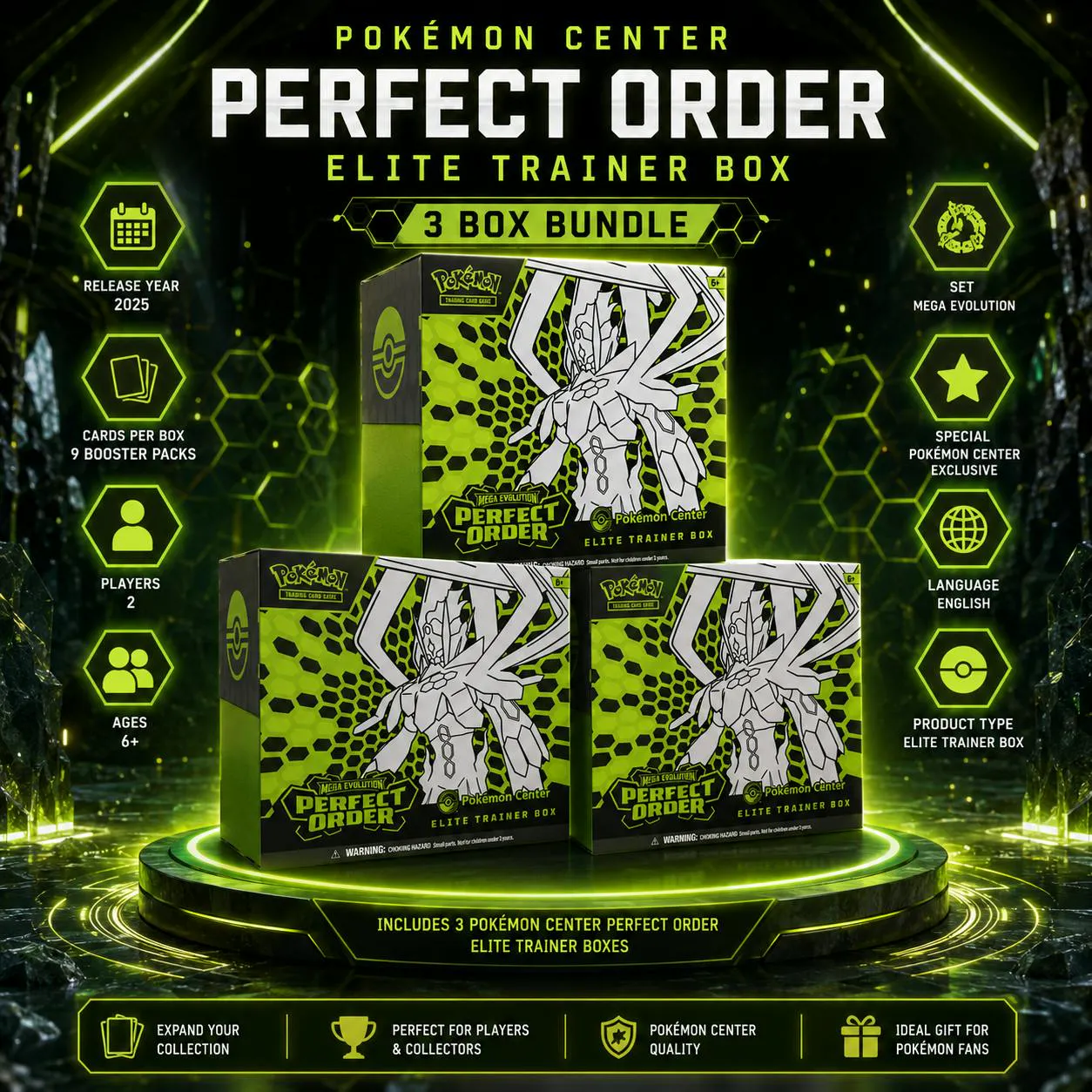 3 X POKÉMON CENTER MEGA EVOLUTION PERFECT ORDER ELITE TRAINER BOX BUNDLE