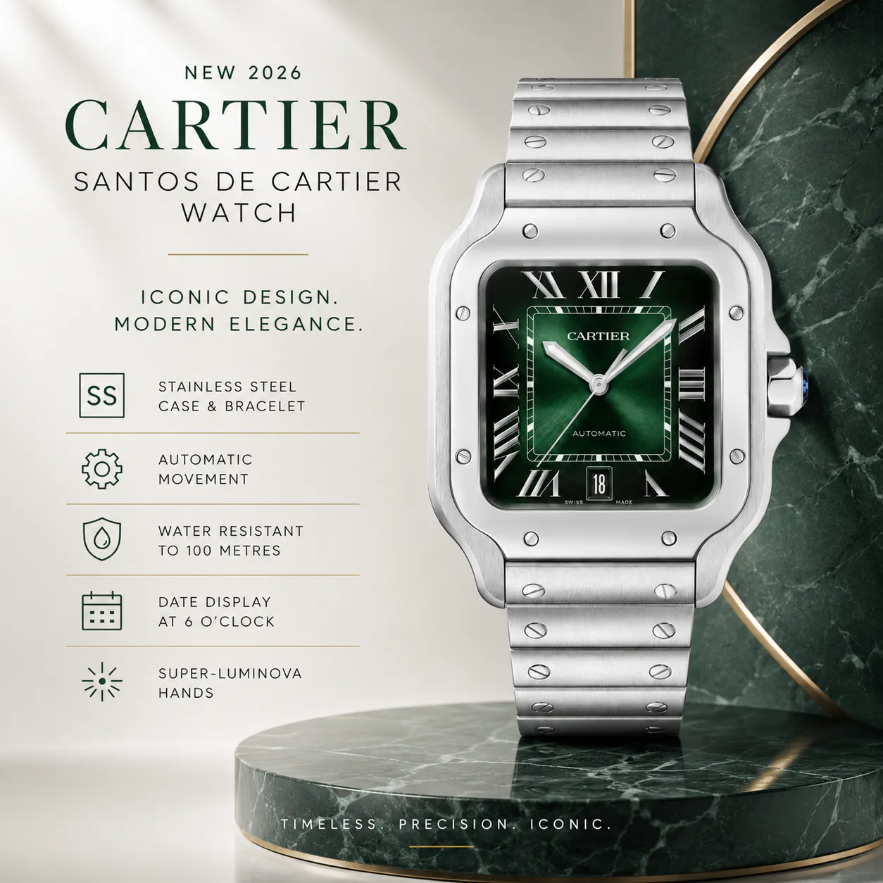 NEW CARTIER SANTOS DE CARTIER WATCH GREEN DIAL WATCH