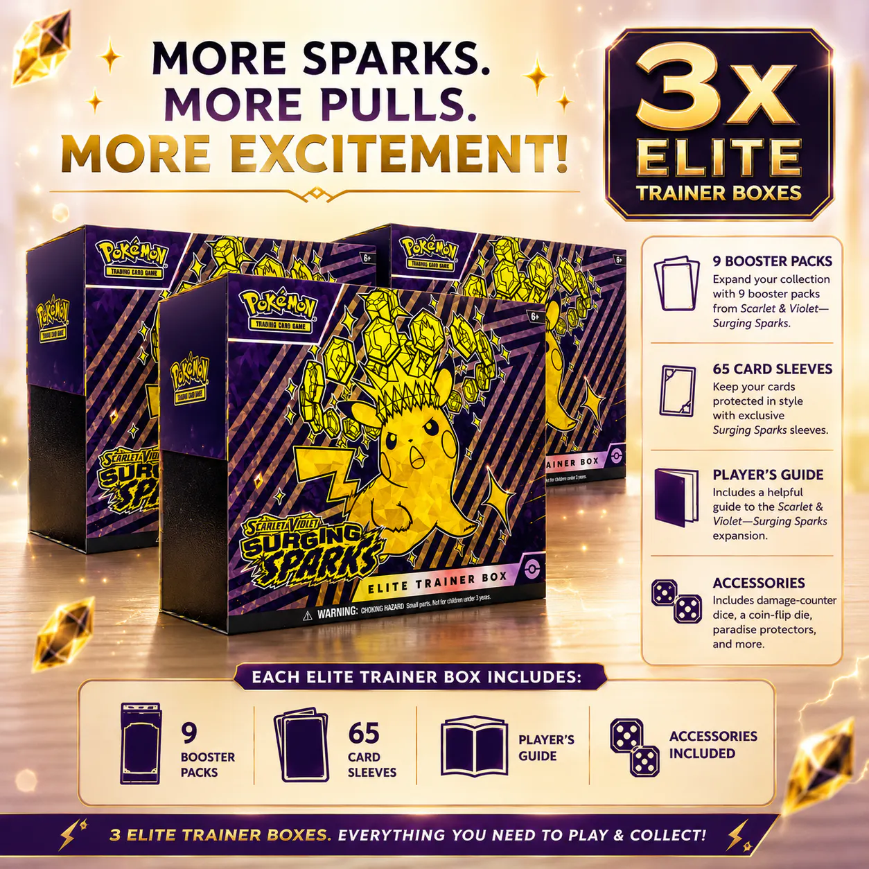 3 x BRAND NEW POKEMON SCARLET & VIOLET SURGING SPARKS ELITE TRAINER BOXES