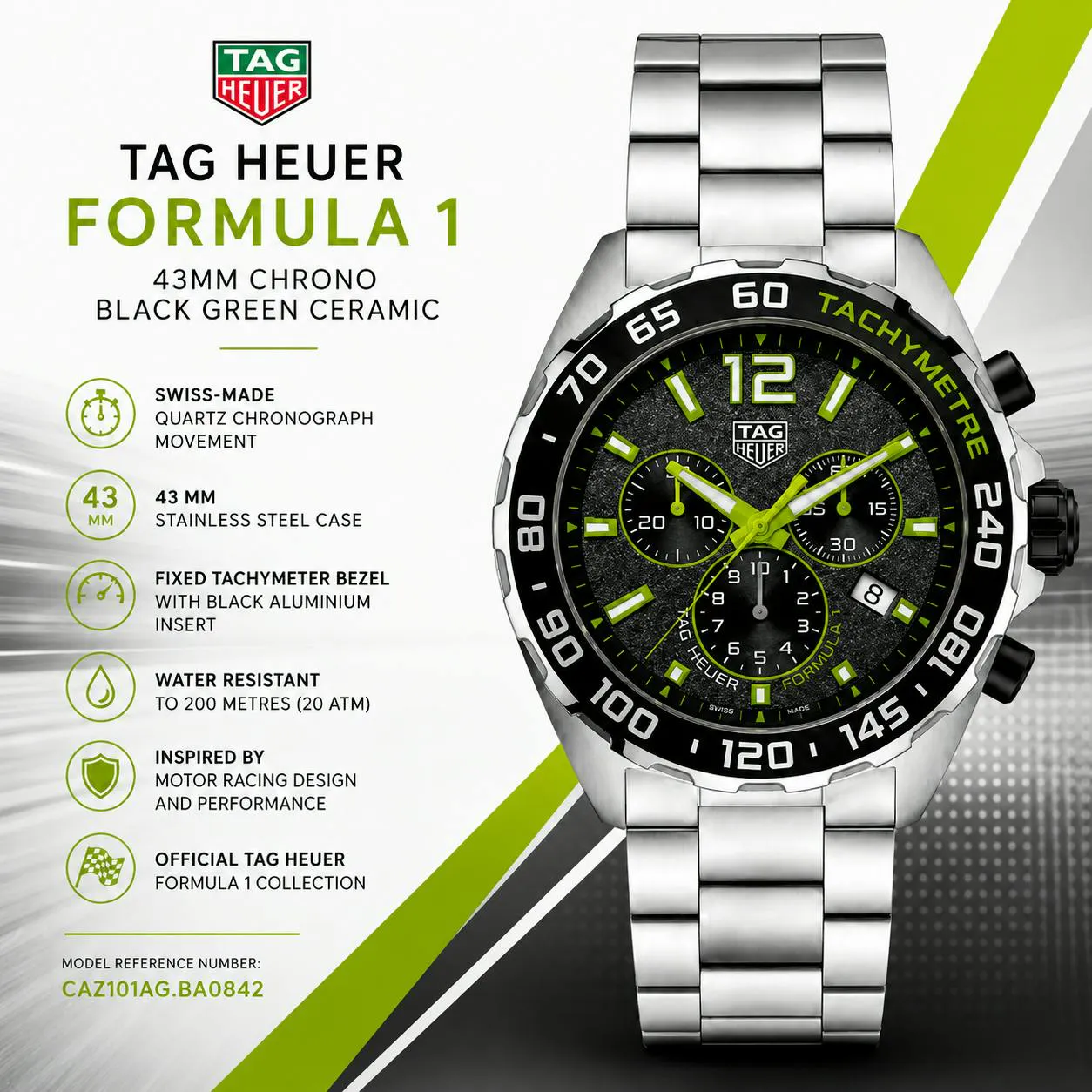 NEW TAG HEUER FORMULA 1 GREY & LIME YELLOW CHRONOGRAPH 43MM WATCH