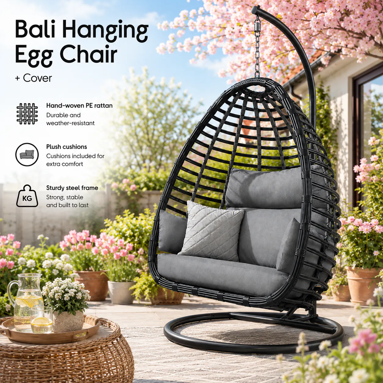 BALI HANGING EGG CHAIR + COVER 5 COLOUR CHOICES