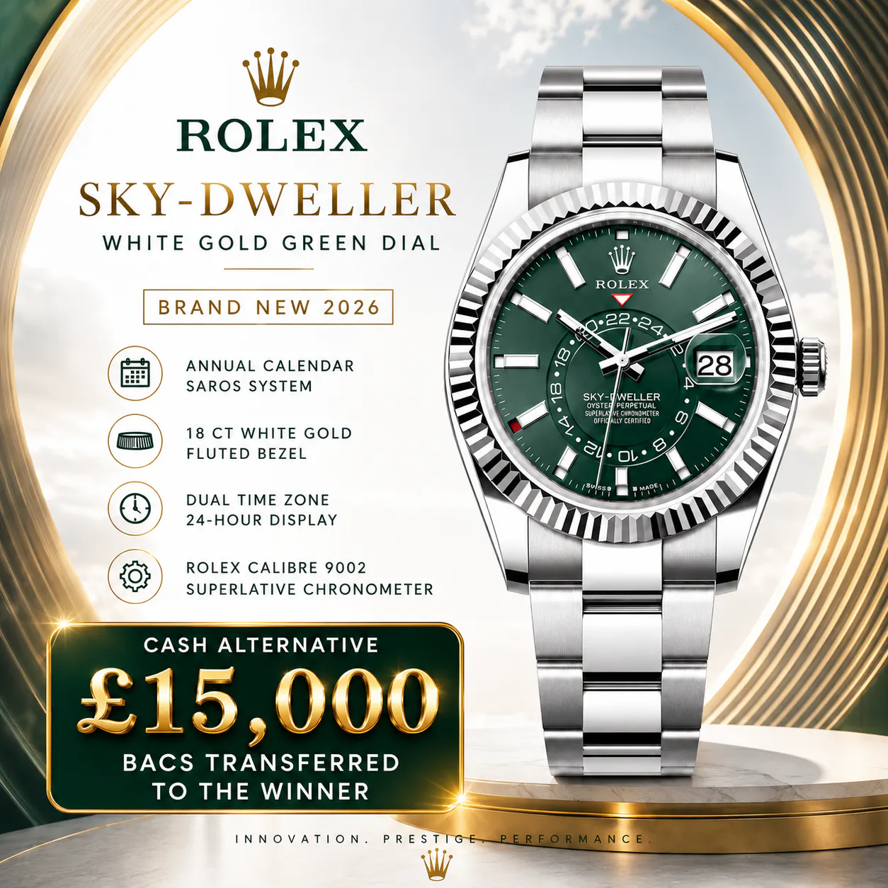 NEW 2026 ROLEX SKY-DWELLER WHITE GOLD GREEN DIAL OR £15,000