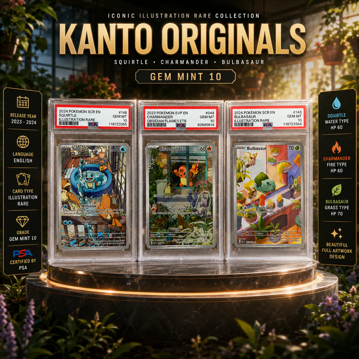 PSA 10 KANTO STARTER ILLUSTRATION RARE 3 CARD POKEMON COLLECTION