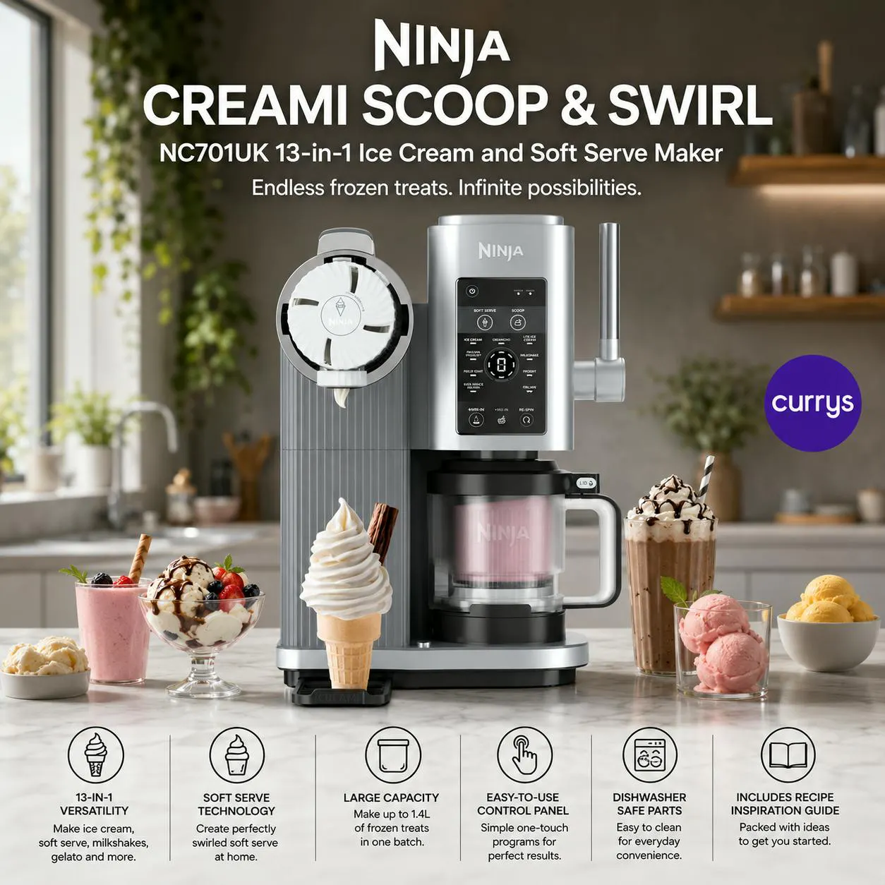 NINJA CREAMI SCOOP & SWIRL NC701UK 13-IN-1 ICE CREAM AND SOFT SERVE MAKER - SILVER