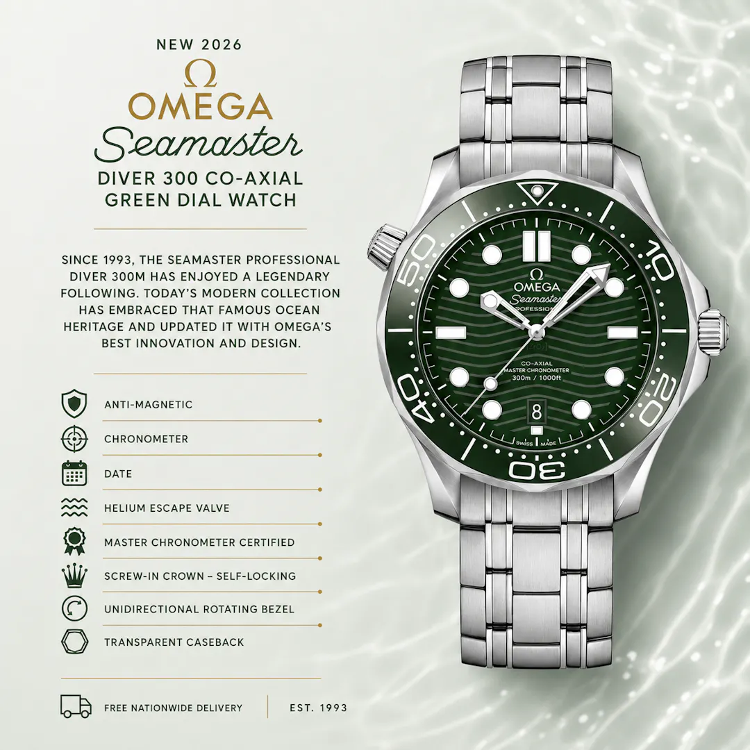 NEW OMEGA SEAMASTER DIVER 300 CO-AXIAL WATCH GREEN